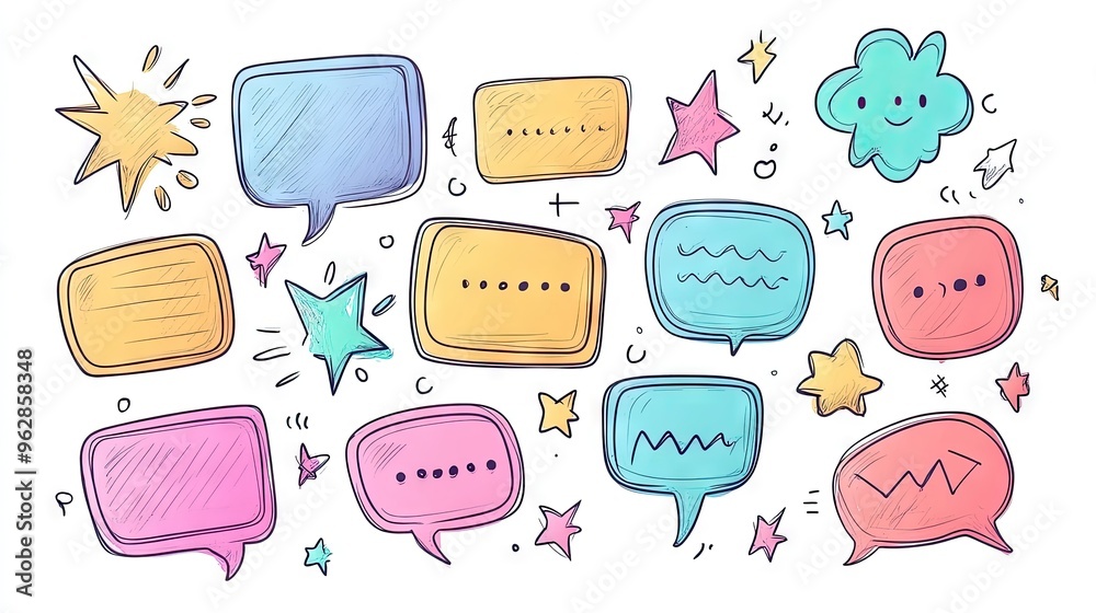 Aufkleber stylish cartoon message boxes and speech bubbles with outline doodle designs and space for text. ide