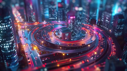 Fototapeta premium Night Cityscape with Highway Interchange and Neon Lights