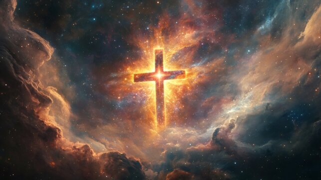 A glowing golden cross shines brightly in the center of a colorful, star-filled nebula.