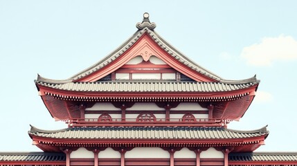Obraz premium Traditional Japanese pagoda with curved roofs and ornate details.