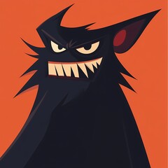 A black, cartoon monster with sharp teeth and angry eyes on an orange background.