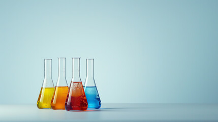 Four beakers filled with colorful liquids on blue background.