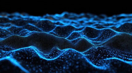 Undulating lines of blue particles on a black background forming an abstract 3D landscape, capturing the essence of communication technology and digital interfaces.
