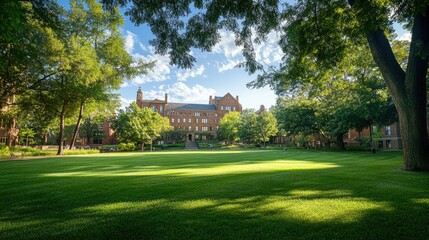 University campus with historic buildings and lush green lawns.