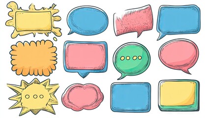 Variety of speech bubble and message box illustrations in cartoon style with outline designs and empty text areas for creative use in chat applications.