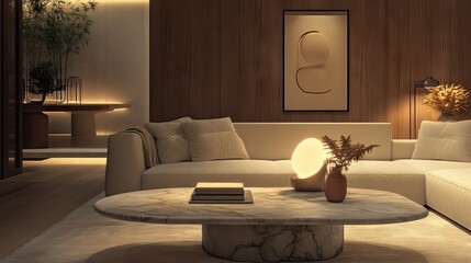 Warm living room ambiance with a chic sofa, marble table, and dimmed glowing lamps creating a peaceful evening retreat. -