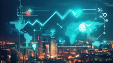 Fototapeta premium World map with electricity icons and an arrow pointing upwards, illustrating rising global electricity prices. Energy market impact. -