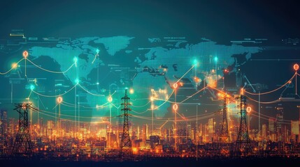 Obraz premium World map with energy symbols and a rising graph, depicting increasing electricity prices in the global market.