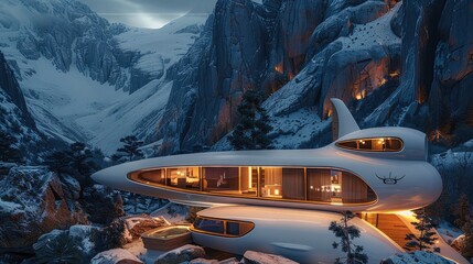 Fototapeta premium A luxurious mansion in the exact shape of an airplane, set in the mountains, at night with warm interior lights. Generative AI.