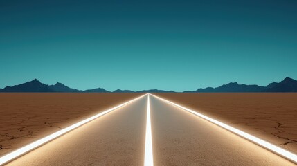 Naklejka premium A long, empty road stretches through a vast desert landscape under a clear blue sky, inviting adventure and exploration.