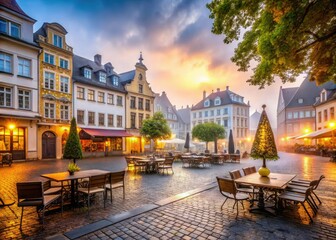 Obraz premium Serenene peaceful morning city square with ancient historic buildings surrounded by quaint cafes and shops with warm golden lighting and subtle mist
