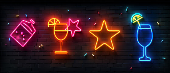 Neon signs of drinks, star, and a shaker on a dark background.