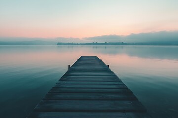 Obraz premium Wooden pier stretching into a calm lake at sunset