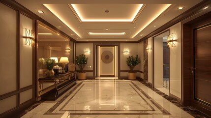 Obraz premium Modern Hallway Interior Design with Marble Floor and Gold Accents