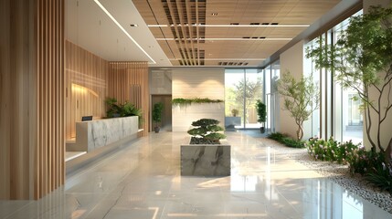 Fototapeta premium Modern Lobby Interior with Minimalist Design and Zen Garden