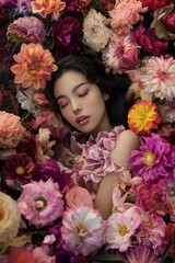 Asian woman lies on colorful flowers, perfume concept. Elegant pose, high-end fashion photo. Serene atmosphere, vibrant petals surround her face. Low-angle shot emphasizes peaceful presence.