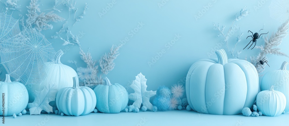 Aufkleber pastel blue 3d illustration of an autumn themed product display podium background featuring pumpkins