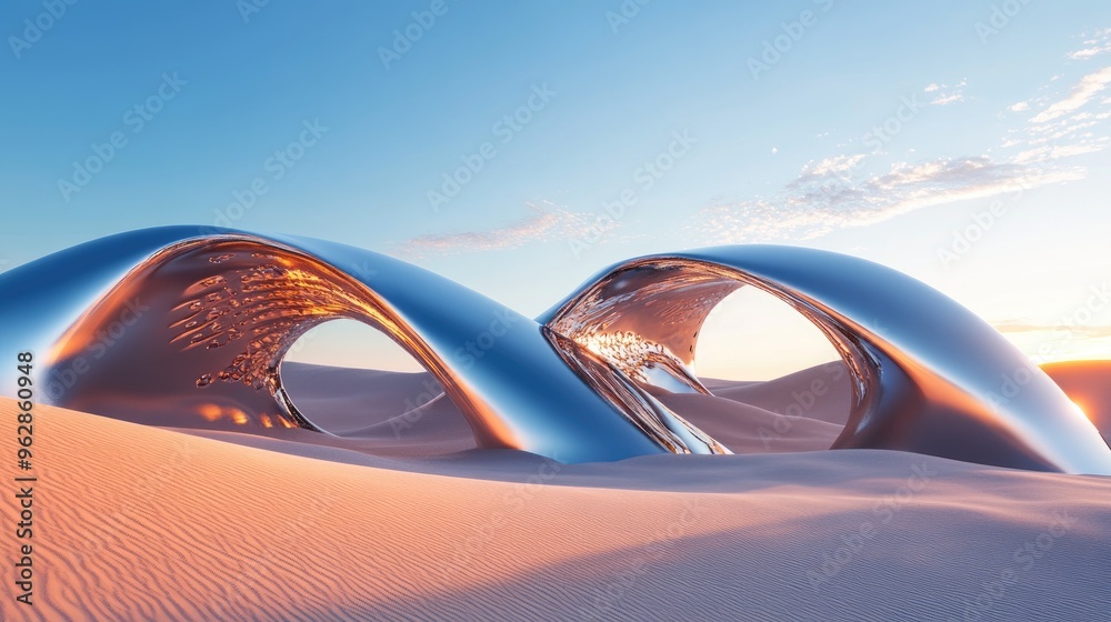 Poster surreal desert landscape featuring abstract sand dunes and metallic arches against a clear blue sky 