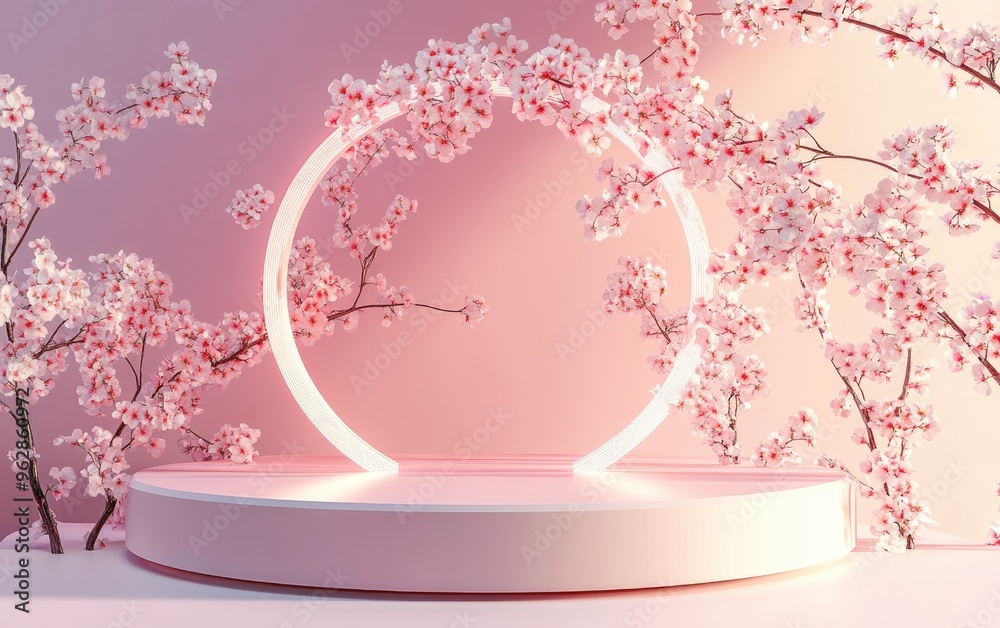 Poster Abstract spring scene featuring a geometric levitation podium with a blossoming sakura tree against a pink backdrop Ideal for product advertising 3D render