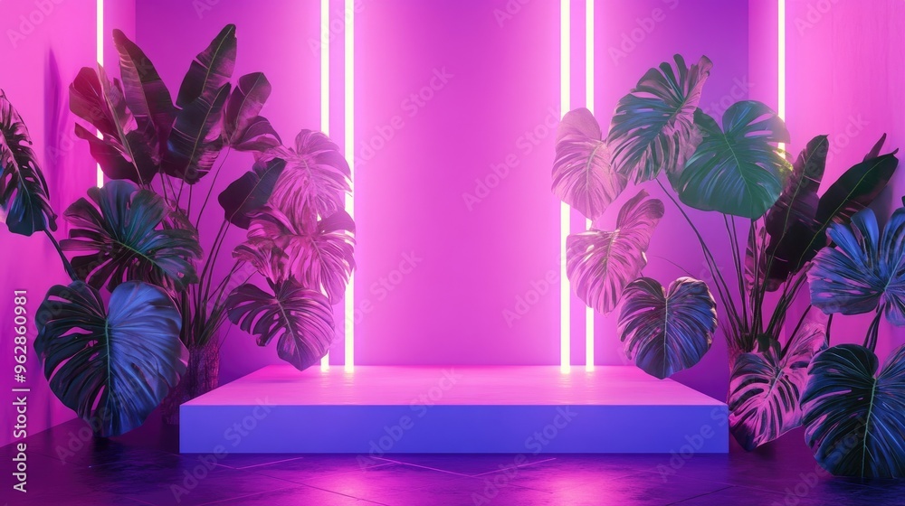 Poster product display featuring neon lighting and monstera leaves minimalistic design vaporwave art and fu