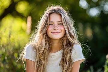 Young woman with blonde hair and scoop top bathing in sunlight, with a gentle smile that captures the warmth and beauty of the scene.
