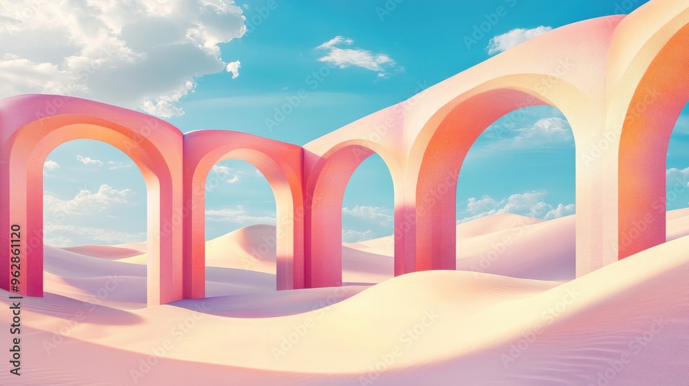 Poster surreal pastel landscape featuring geometric shapes and abstract desert dunes complemented by arches