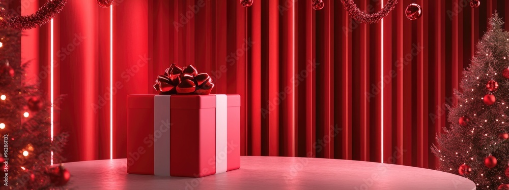 Poster christmas sale backdrop featuring a gift box and stage podium set against a red and white background
