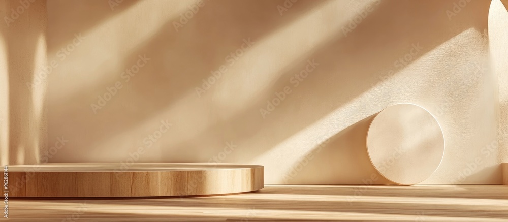 Poster minimal abstract scene with wooden flooring 3d render and illustration