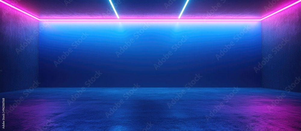 Aufkleber Front view of a blue blank wall in a dark interior space featuring a concrete floor and neon lighting suitable for product presentation and stage backdrop 3D Rendering