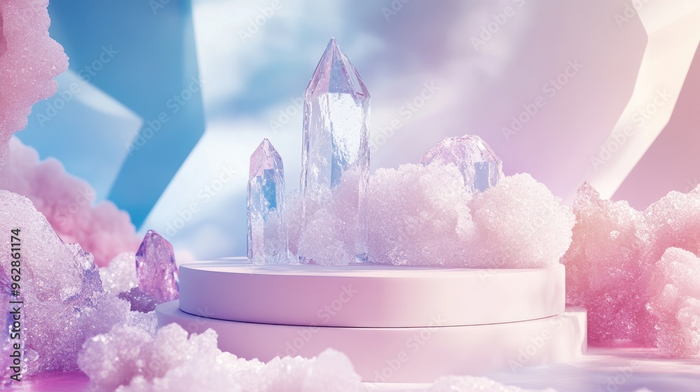 Poster cream pastel podium for product display adorned with layers of natural crystals and frosted glass vi
