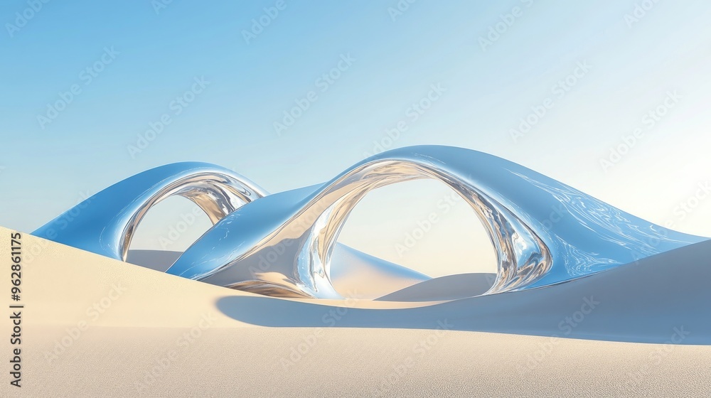 Aufkleber surreal desert landscape featuring abstract sand dunes and metallic arches against a clear blue sky 