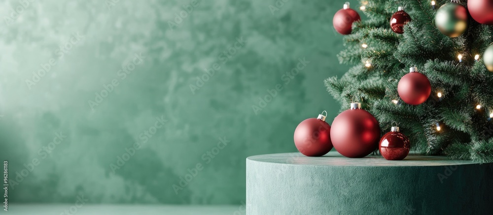 Poster christmas and new year product display podium mockup featuring a decorated tree 3d render background