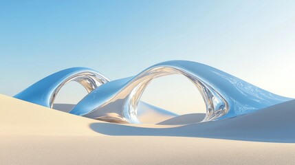 Surreal desert landscape featuring abstract sand dunes and metallic arches against a clear blue sky Minimalistic natural scenery with geometric designs in a glossy finish 3D rendering