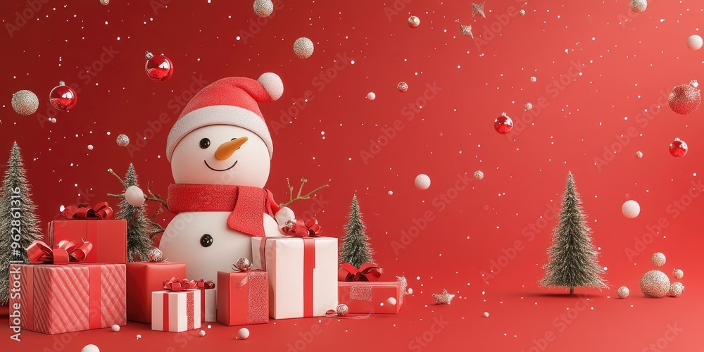 Poster christmas themed illustration with 3d rendering on a red background for product promotion