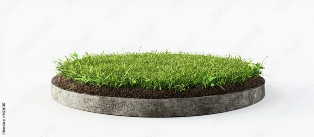 Poster Fantasy 3D rendering of a circular podium set in a grass field featuring a round soil cross section mockup on a clean white background