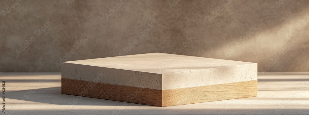 Poster Product display stand featuring a square box design with wood and concrete textures rendered in 3D