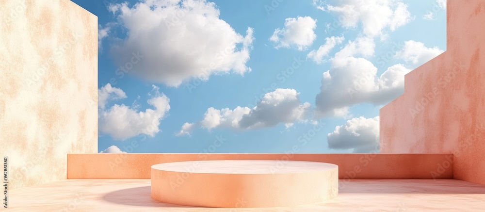 Aufkleber podium stand against a peach backdrop featuring a blue sky and clouds rendered in 3d