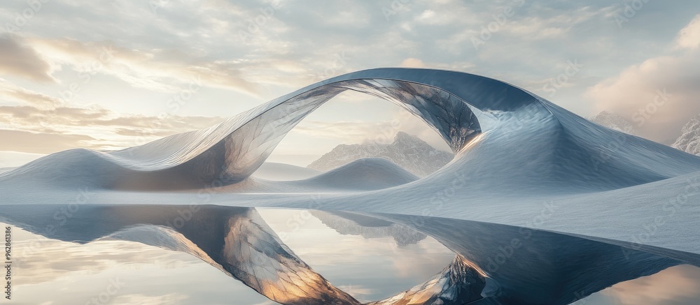 Poster surreal dreamlike landscape featuring abstract dunes in a winter setting complemented by a geometric