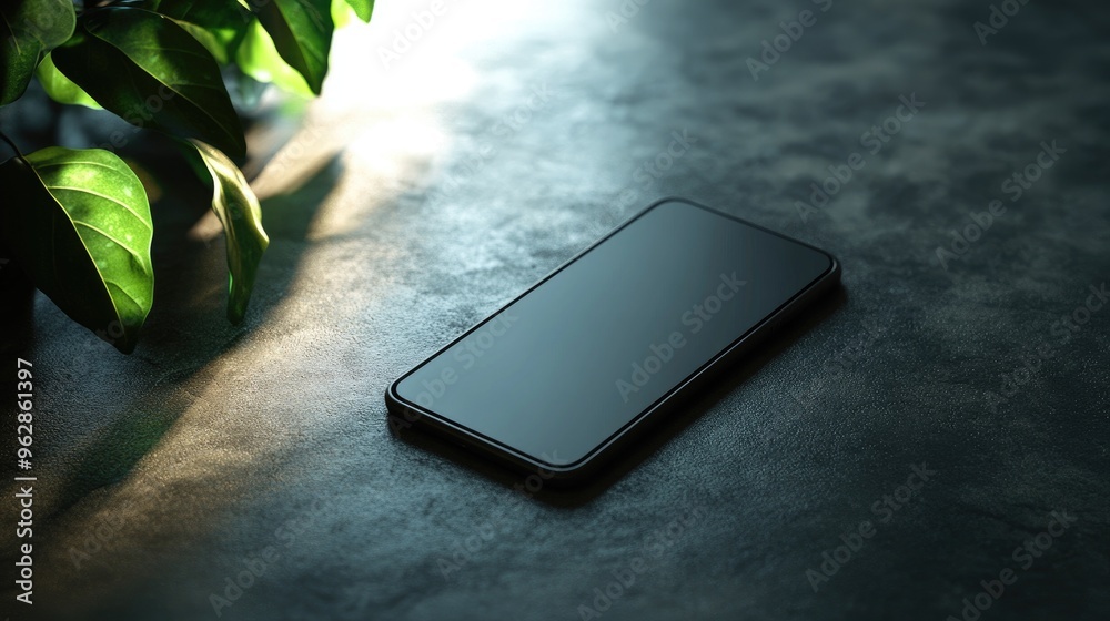Aufkleber Close up of an empty smartphone on a desktop with a textured background and shadows ideal for mock up presentations 3D rendering