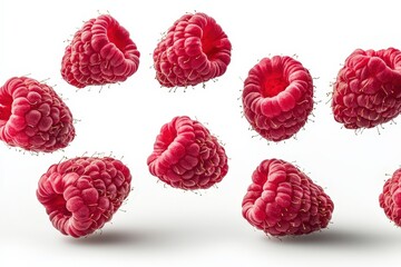 Fresh ripe raspberries floating and isolated on a white background, capturing their vibrant color, juicy texture, and natural freshness in mid-air.
