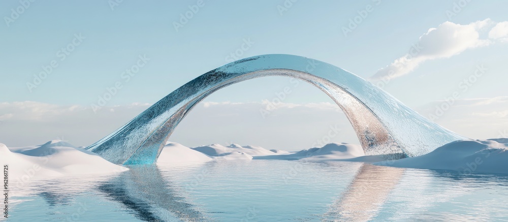 Poster abstract winter landscape featuring a geometric arch amidst dunes surreal dreamlike background with 
