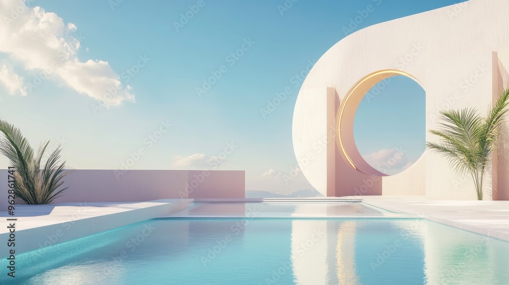Poster abstract composition featuring geometric shapes an arch and a swimming pool illuminated by natural d