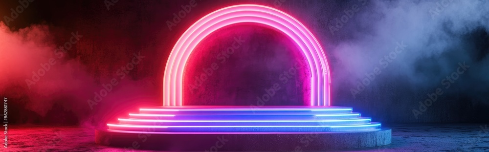 Poster neon futuristic podium showcase 3d rendering