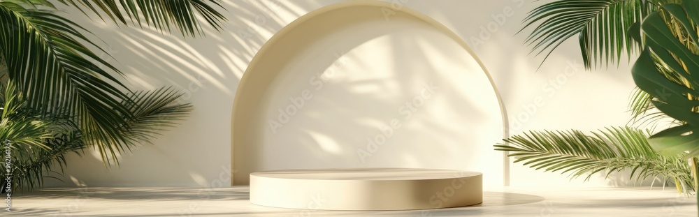 Aufkleber minimalist composition featuring a round podium arch and palm leaves 3d rendering