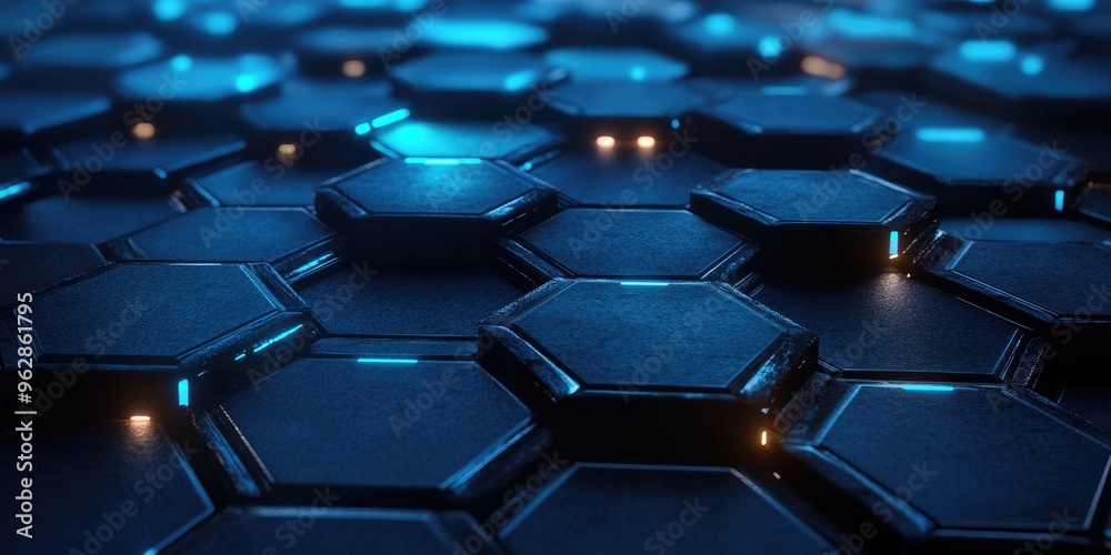 Poster Dark hexagonal platforms interconnected in a background 3D rendering Digital computer artwork