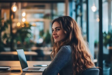 Young businesswoman smiling working on laptop in busy office