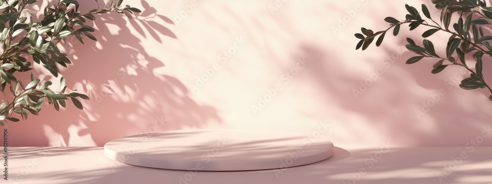 Poster soft pastel background featuring wall shadows 3d render botanical podium casting shadows from foliag