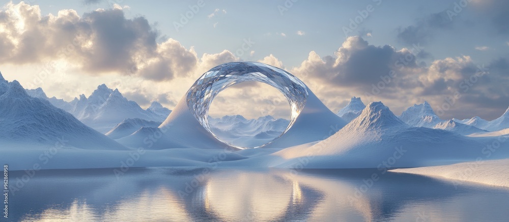 Poster Surreal dreamlike landscape featuring abstract dunes in a winter setting with a geometric arch Enchanting island scene with water and a natural cloudy sky Metallic mirror arch 3D rendering