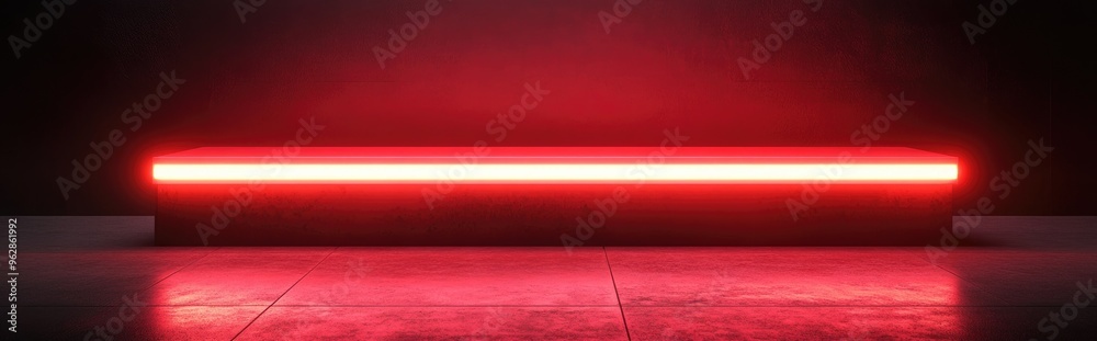 Poster product display stage featuring red neon light against a dark backdrop 3d rendering