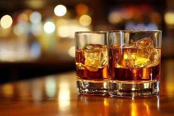 Two glasses of whiskey with ice resting on bar top in busy bar